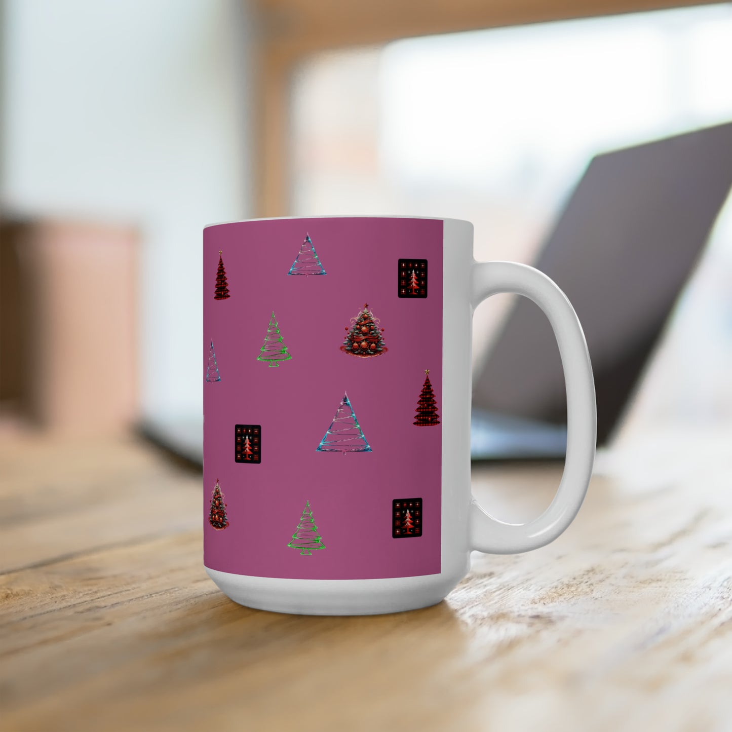 Christmas trees colorful design Light pink Ceramic Mug15oz