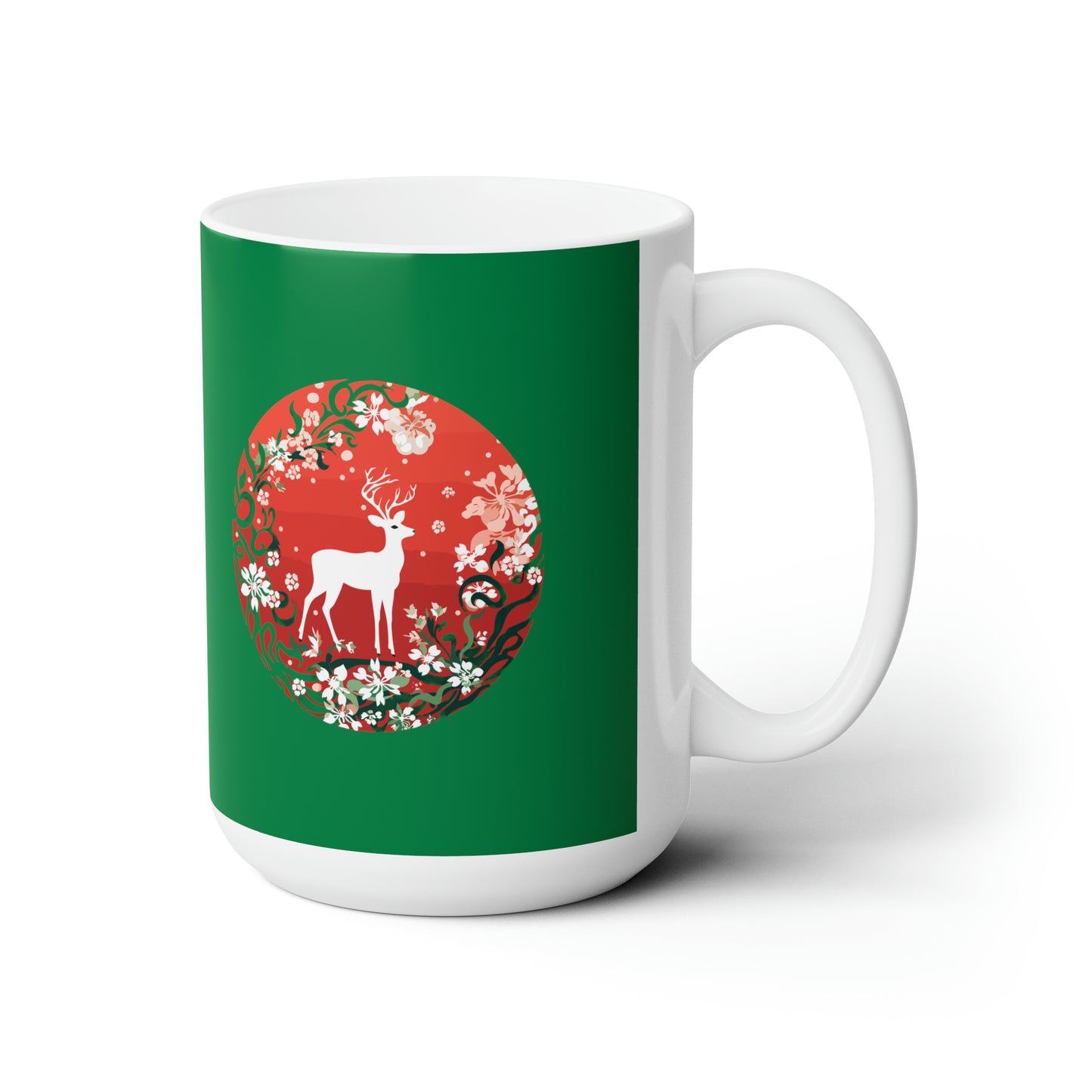 Holly Jolly reindeer in flourish mood, dark green Christmas Ceramic Mug 15oz