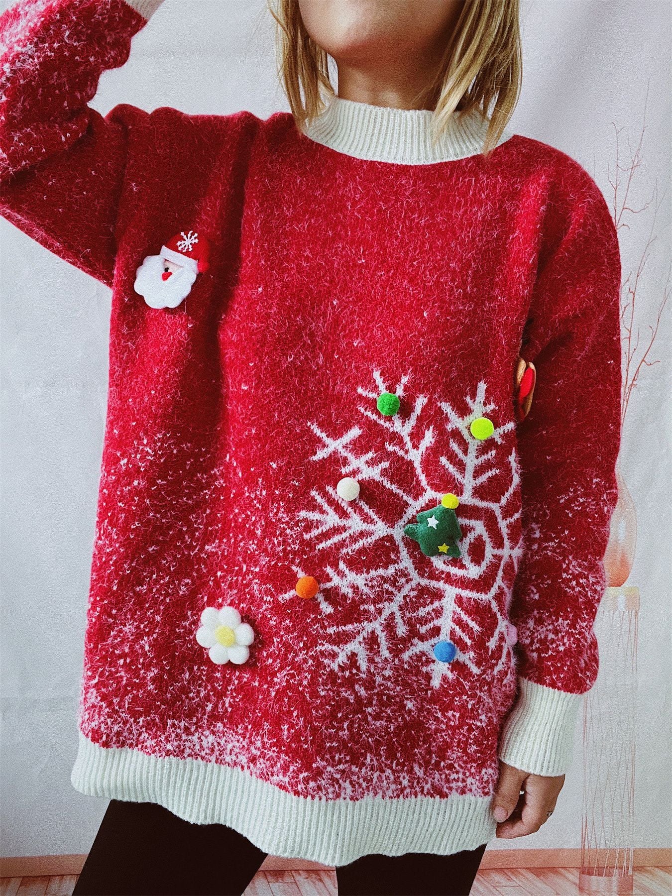 Women's Round Neck Long Sleeve Snowflake Three-dimensional Decoration Christmas Sweater