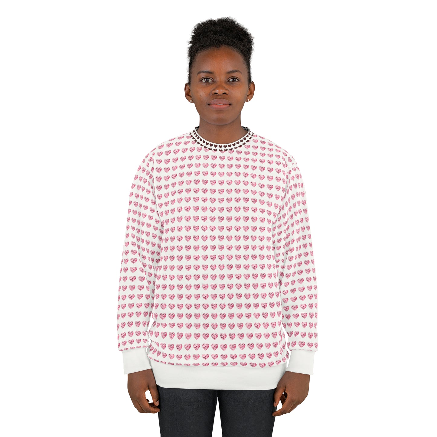 Valentine's Day best gift, red and black check heart shape design White Unisex Sweatshirt (AOP)