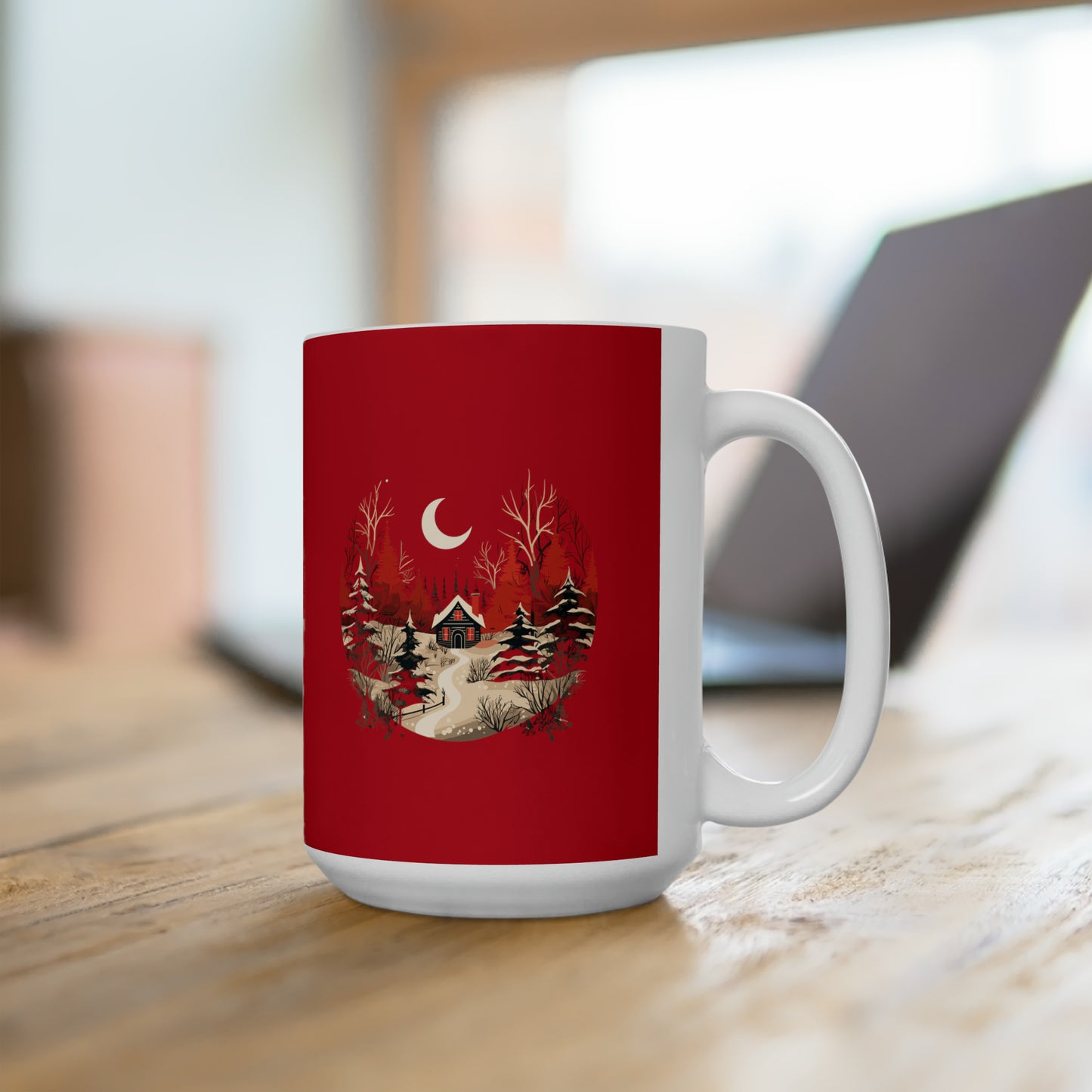 Christmas night mood with forestry house design holiday vibes Ceramic Mug15oz