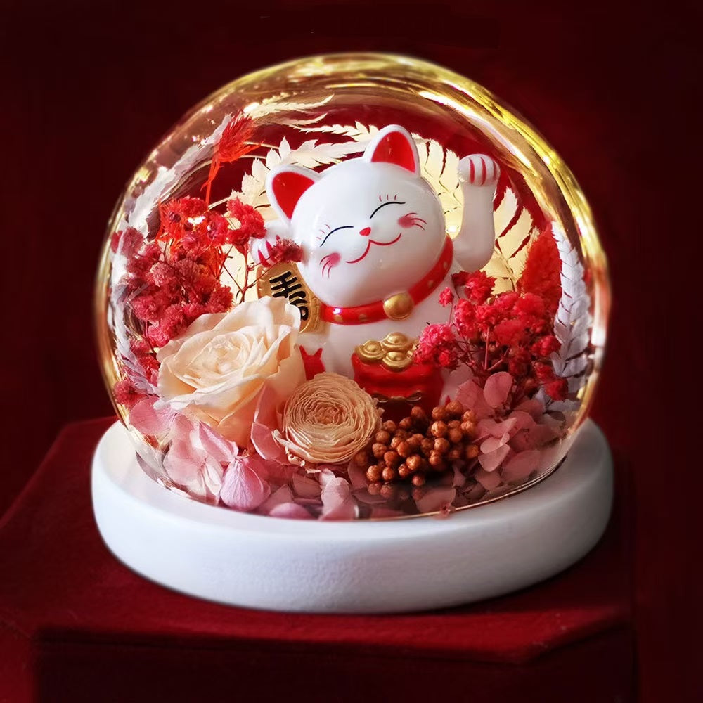 Preserved Flower Rose Preserved Flower Glass Cover Carnation Lucky Cat Decoration