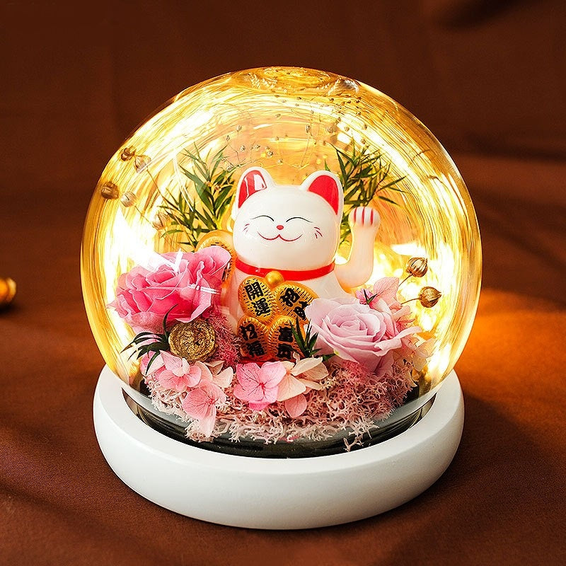 Preserved Flower Rose Preserved Flower Glass Cover Carnation Lucky Cat Decoration