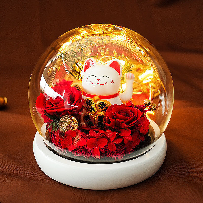 Preserved Flower Rose Preserved Flower Glass Cover Carnation Lucky Cat Decoration