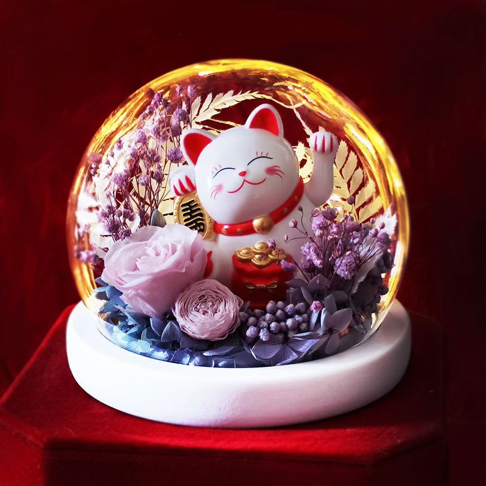 Preserved Flower Rose Preserved Flower Glass Cover Carnation Lucky Cat Decoration