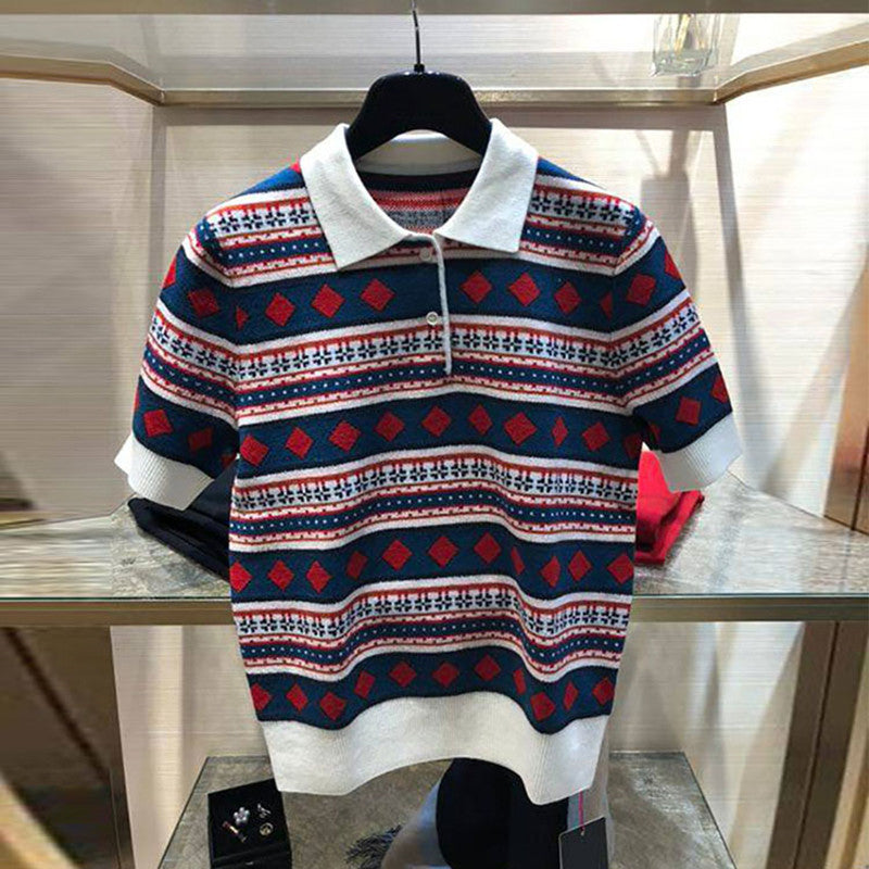 New Style POLO Collar Striped Sweater Short Sleeve T-shirt