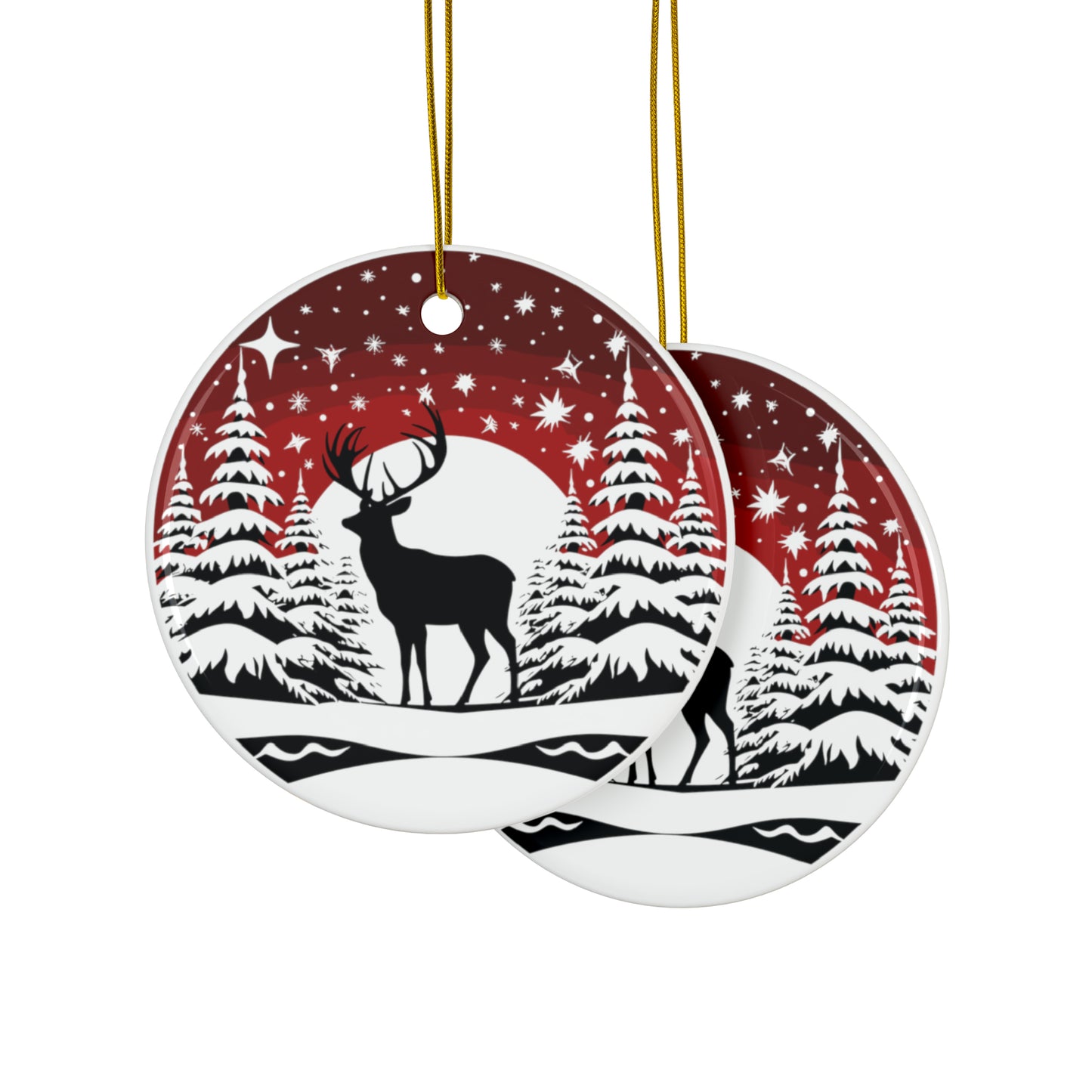 Reindeer with Black Canada maple leaf and crystal snow Fallin Christmas Ceramic Ornaments (1pc, 3pcs, 5pcs, 10pcs)