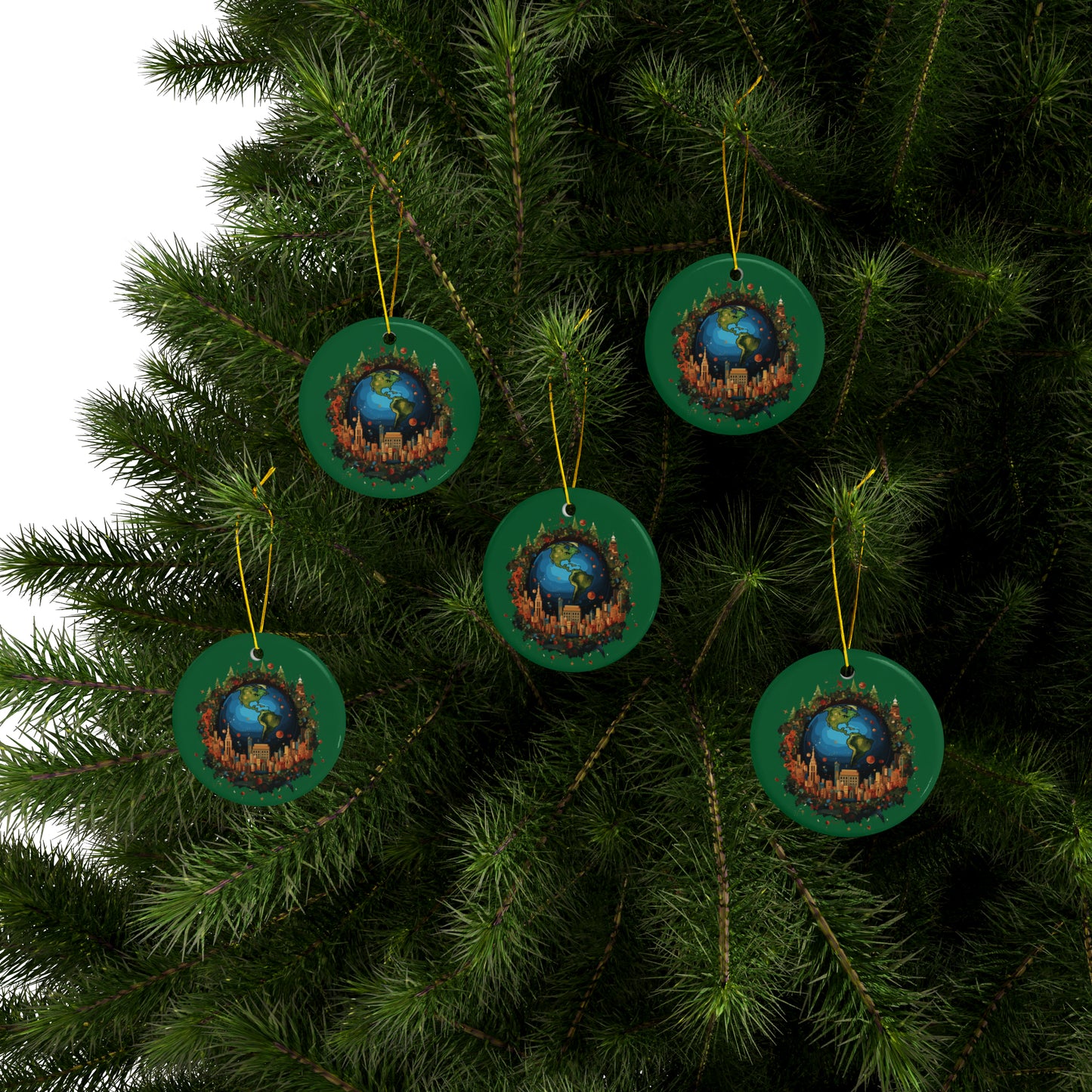 Earth in Christmas decorations and a big Christmas tree, dark green Ceramic Ornaments (1pc, 3pcs, 5pcs, 10pcs)