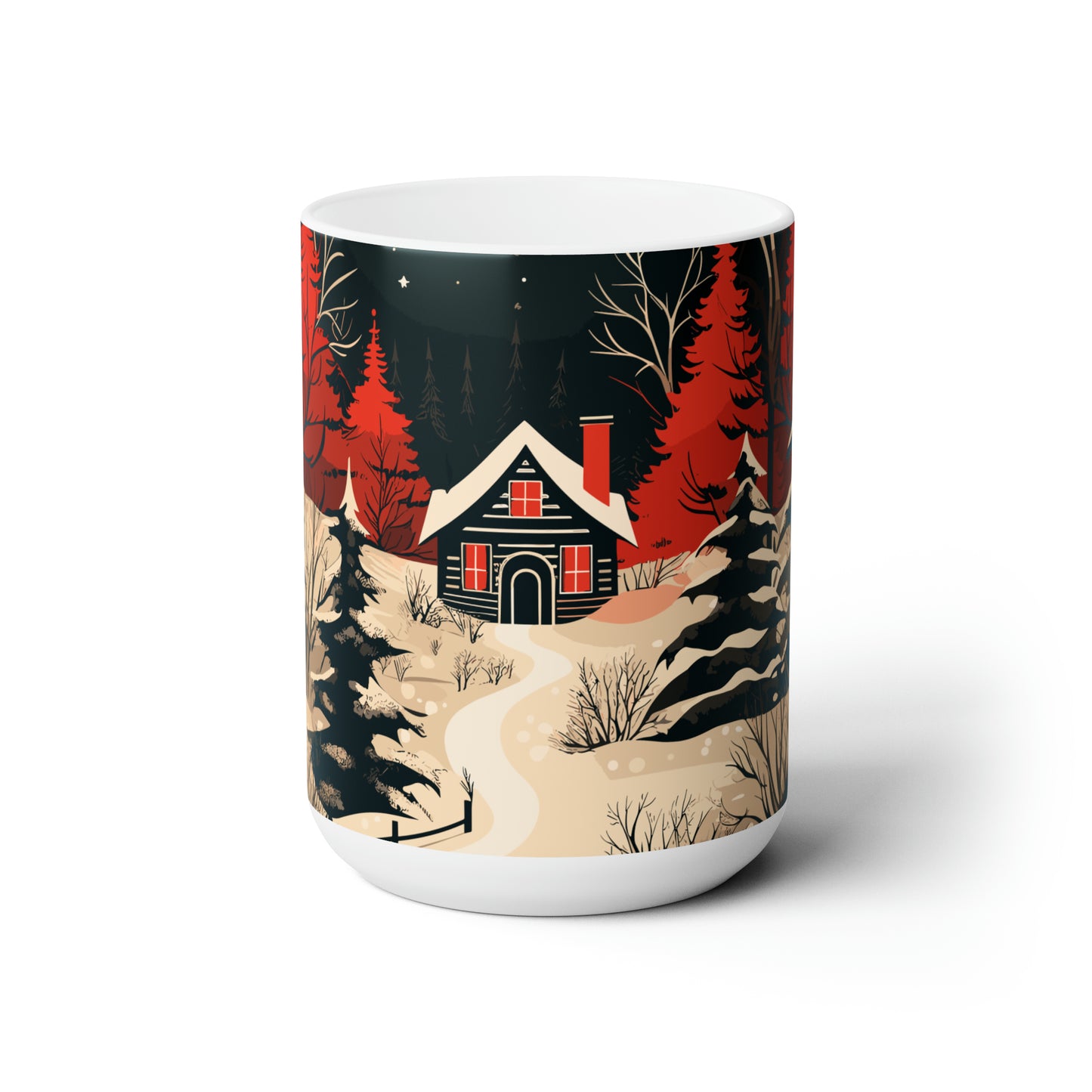 Christmas house in forest with Christmas tree Ceramic Mug15oz