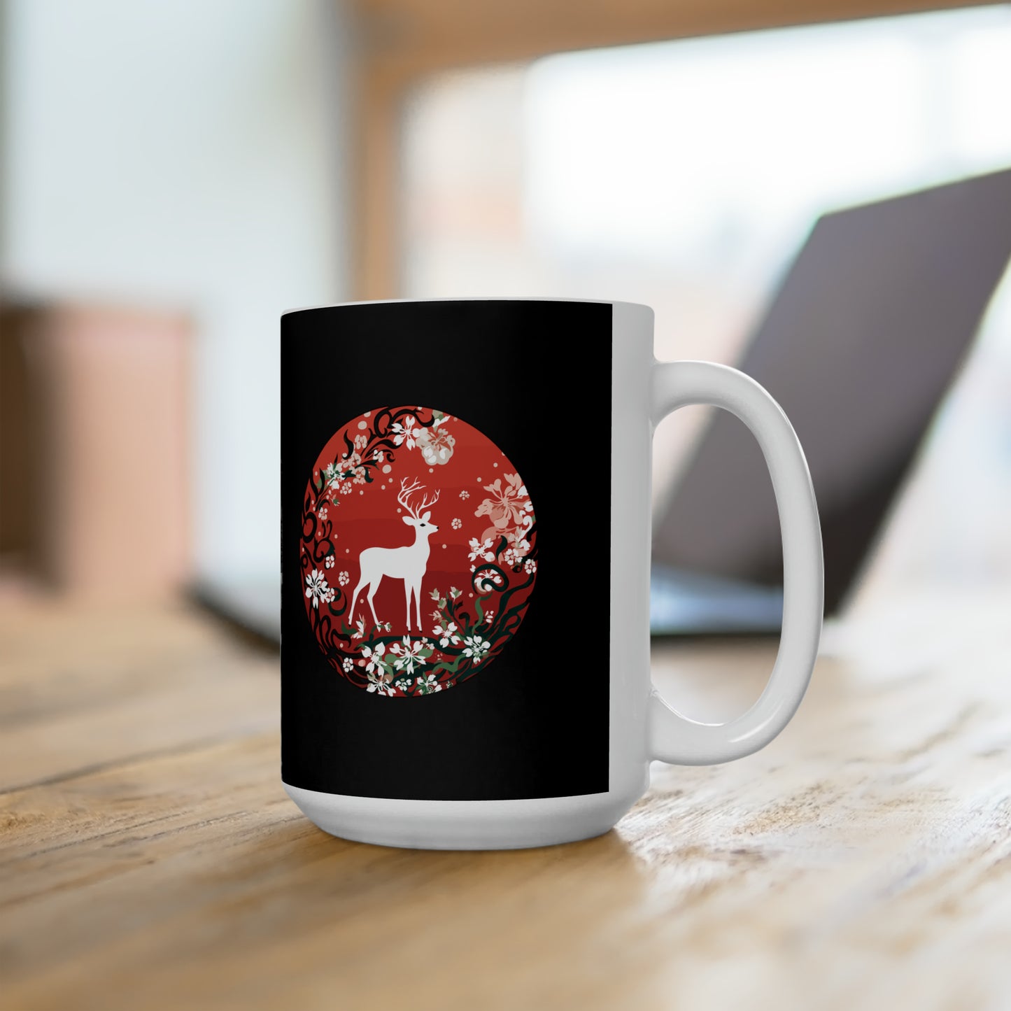 Holly Jolly reindeer in flourish mood, black Christmas Ceramic Mug 15oz