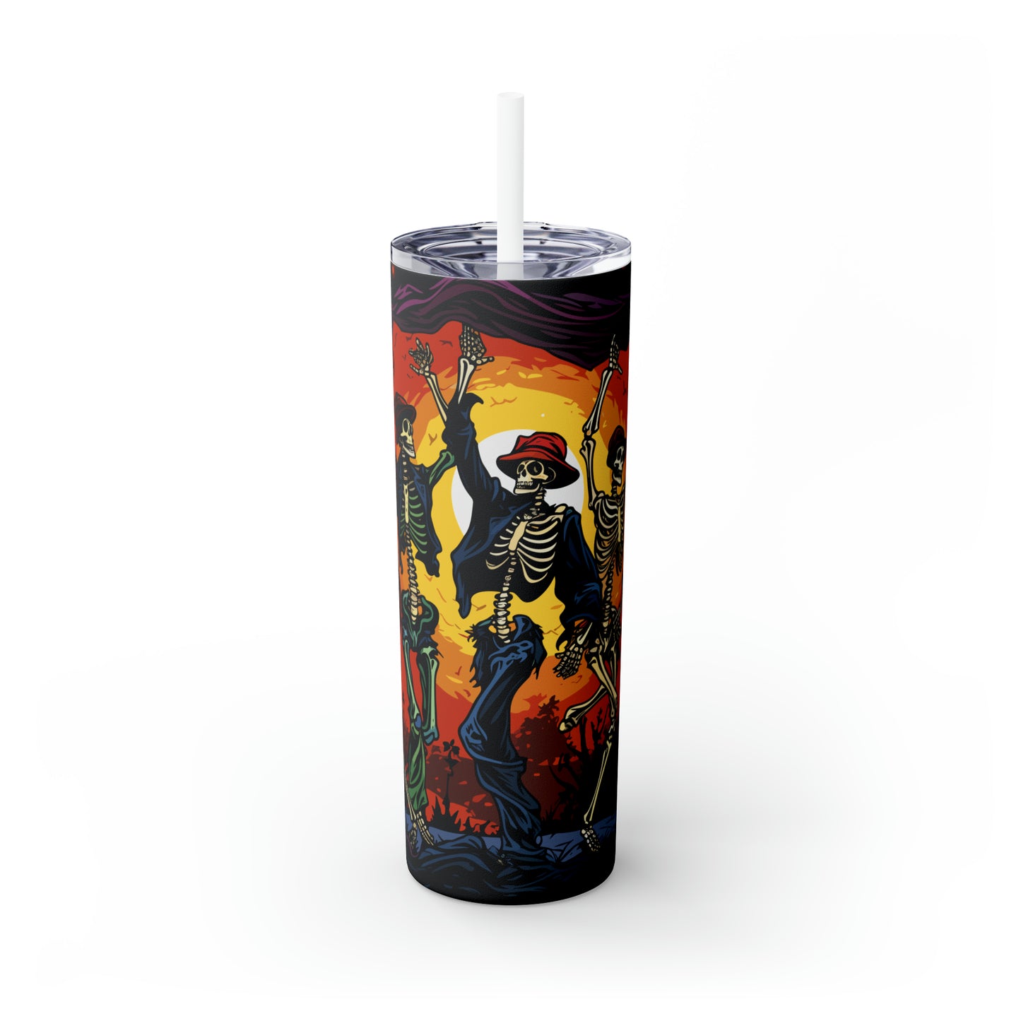 Halloween Skinny Tumbler with Straw 20oz - Spooky Drinkware, Skeleton Theme, BPA-Free, Reusable Cup, Halloween Tumbler, Halloween Gift