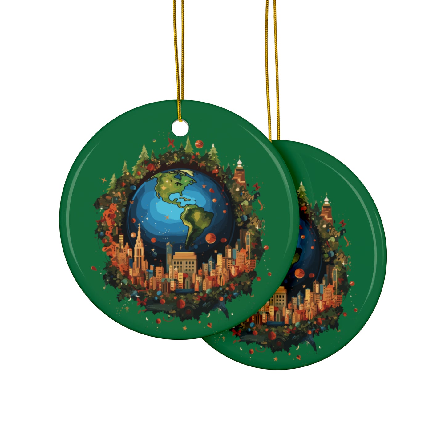 Earth in Christmas decorations and a big Christmas tree, dark green Ceramic Ornaments (1pc, 3pcs, 5pcs, 10pcs)