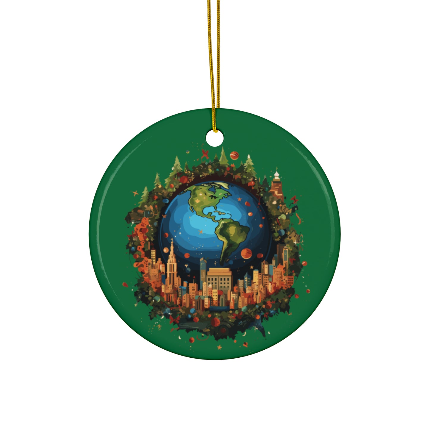 Earth in Christmas decorations and a big Christmas tree, dark green Ceramic Ornaments (1pc, 3pcs, 5pcs, 10pcs)