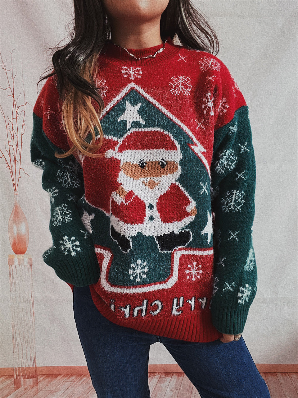 New Year Sweater Santa Snowflake Color Contrast Patchwork Round Neck Long Sleeve Knitted Pullover