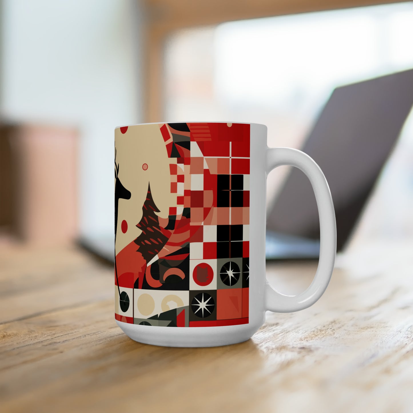 Playful reindeer in different squares, perhaps pulling Santa's sleigh, Christmas Ceramic Mug15oz