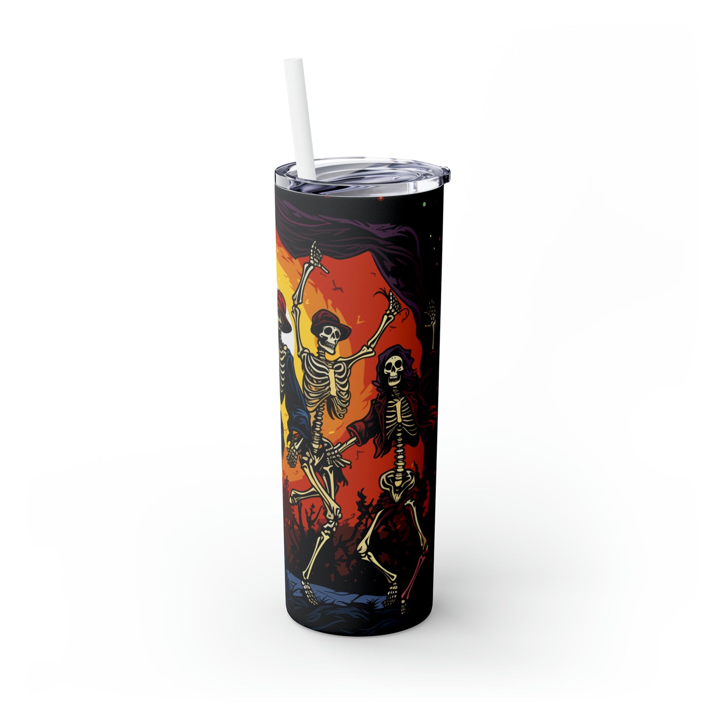 Halloween Skinny Tumbler with Straw 20oz - Spooky Drinkware, Skeleton Theme, BPA-Free, Reusable Cup, Halloween Tumbler, Halloween Gift