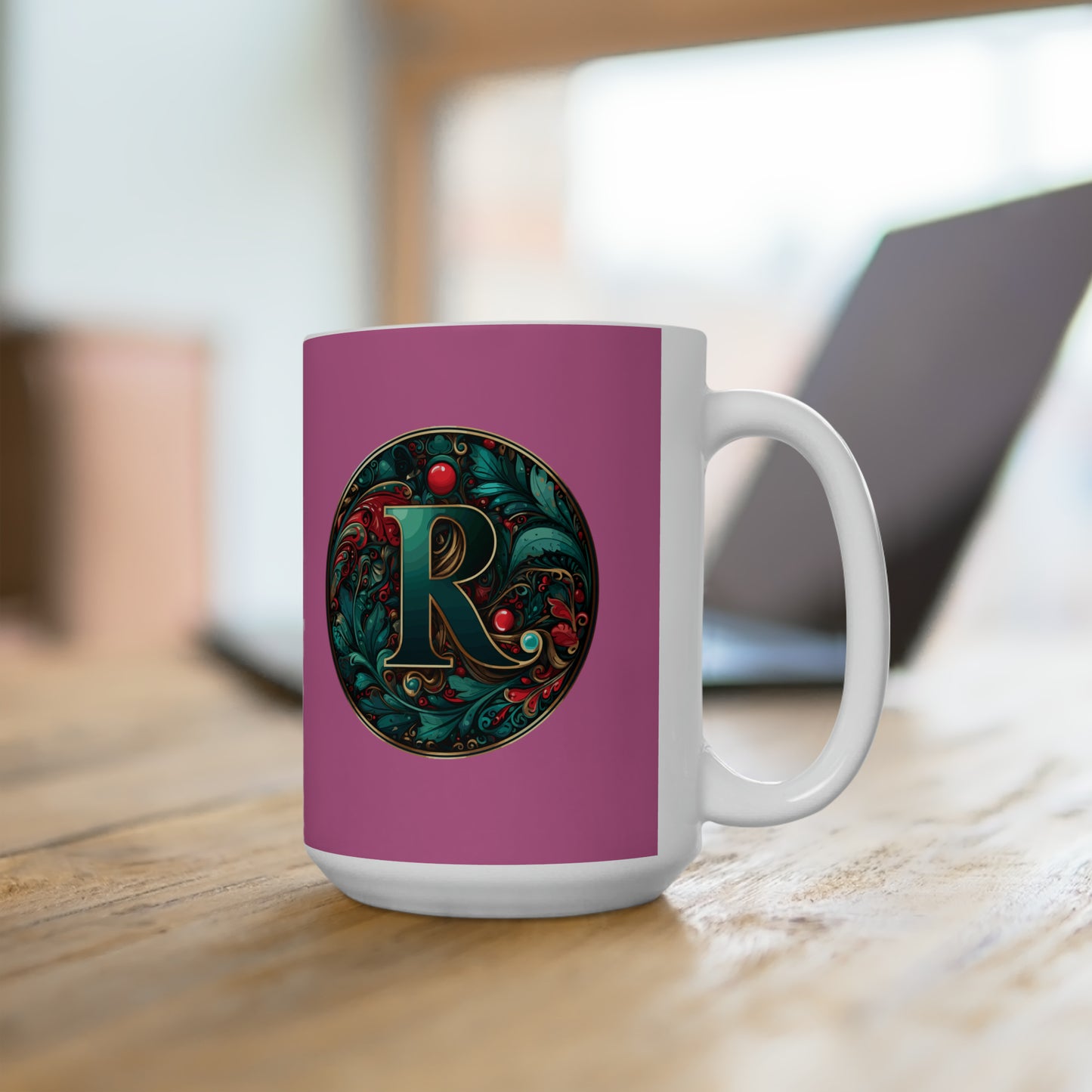 Christmas colorful Alphabet R design light pink Ceramic Mug 15oz