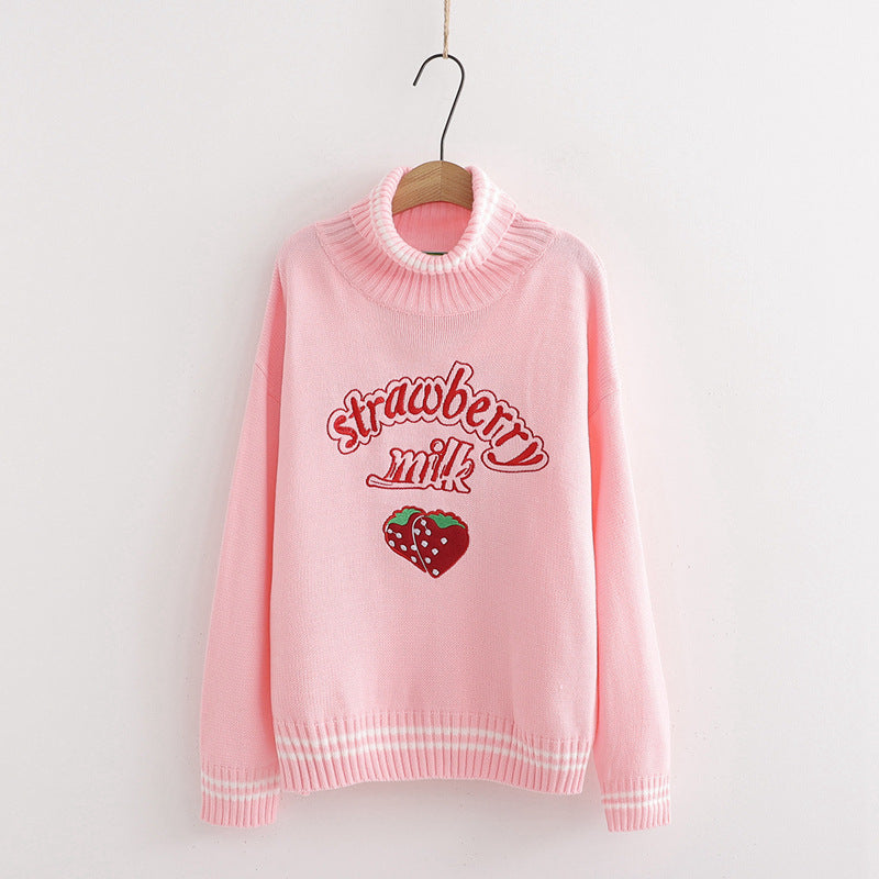 Strawberry embroidered turtleneck sweater