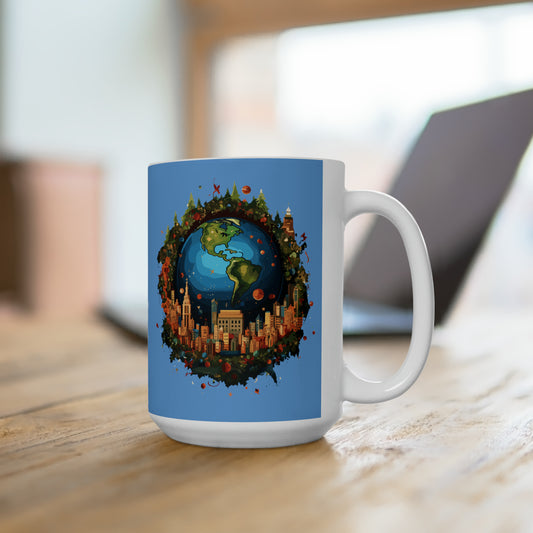 Earth in Christmas decorations and a big Christmas tree, light blue Ceramic Mug 15oz