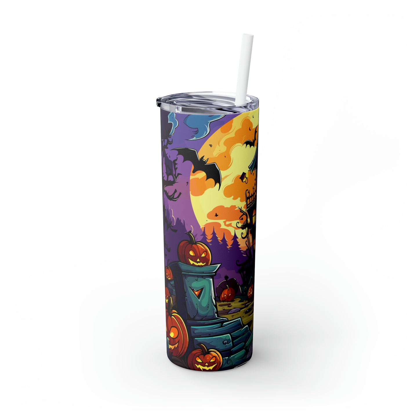 Halloween Skinny Tumbler with Straw 20oz - Spooky Drinkware, Hunted Theme, BPA-Free, Reusable Cup, Halloween Tumbler, Halloween Gift