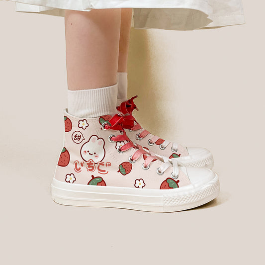 Women's Cute Strawberry Bunny Canvas Shoes High Top