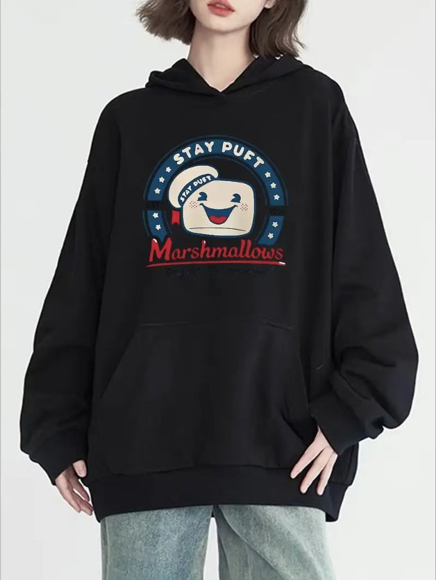 Women'S Casual Hoodie With Cartoon Print - Long Sleeve, Round Neck With Pockets, Cozy  Pullover For Fall & Winter