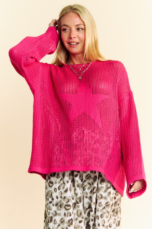 Davi & Dani Star Front Crochet Drop Shoulder Knit Top