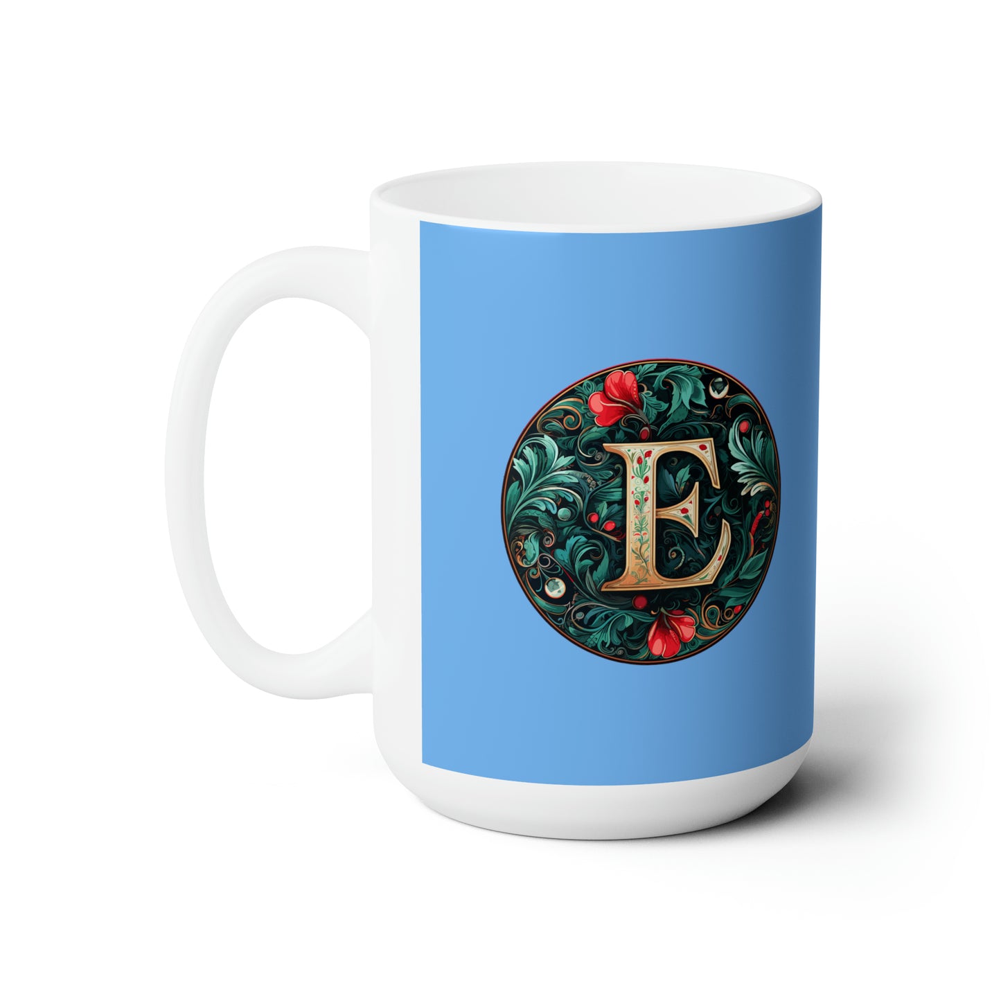 Christmas colorful Alphabet E design light blue Ceramic Mug 15oz