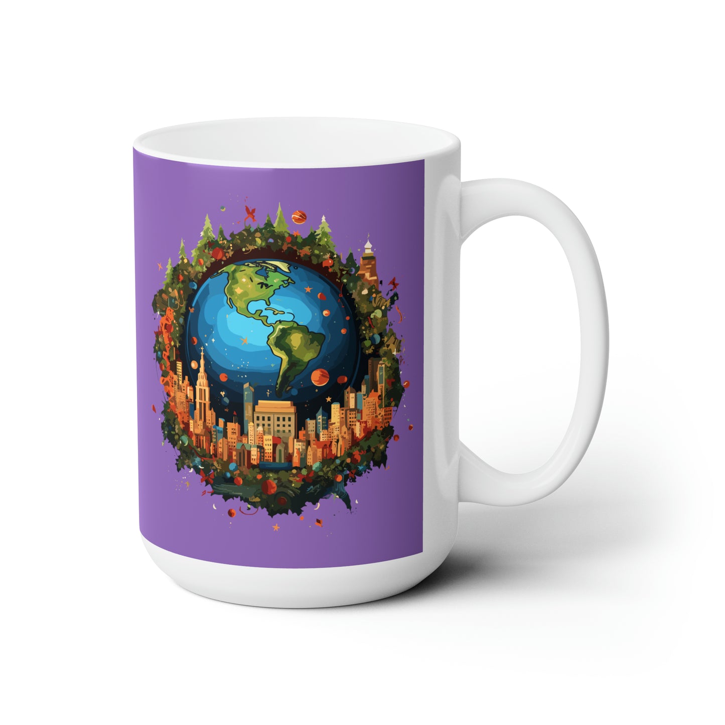 Earth in Christmas decorations and a big Christmas tree, purple Ceramic Mug 15oz