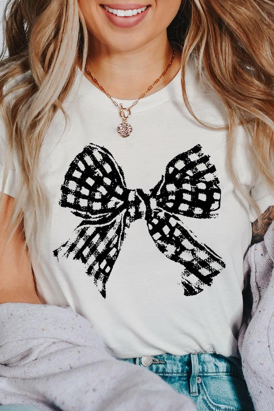 Vintage Checkered Bow Graphic T Shirts