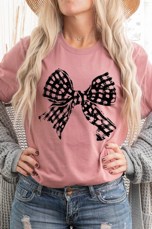 Vintage Checkered Bow Graphic T Shirts