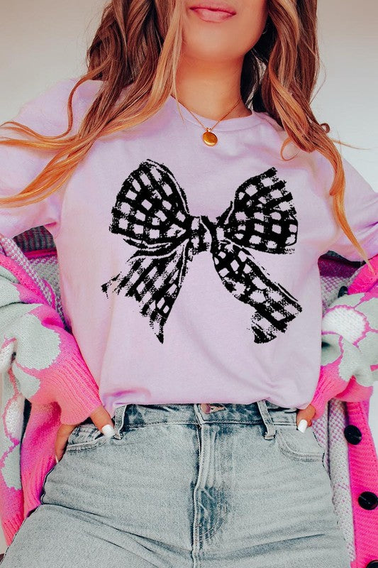 Vintage Checkered Bow Graphic T Shirts