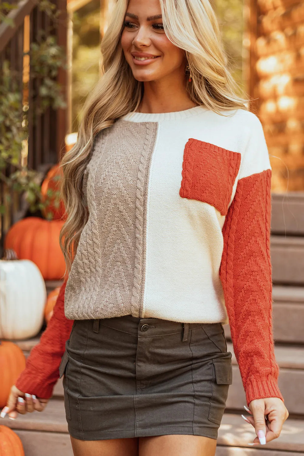 Color Block Round Neck Long Sleeve Sweater