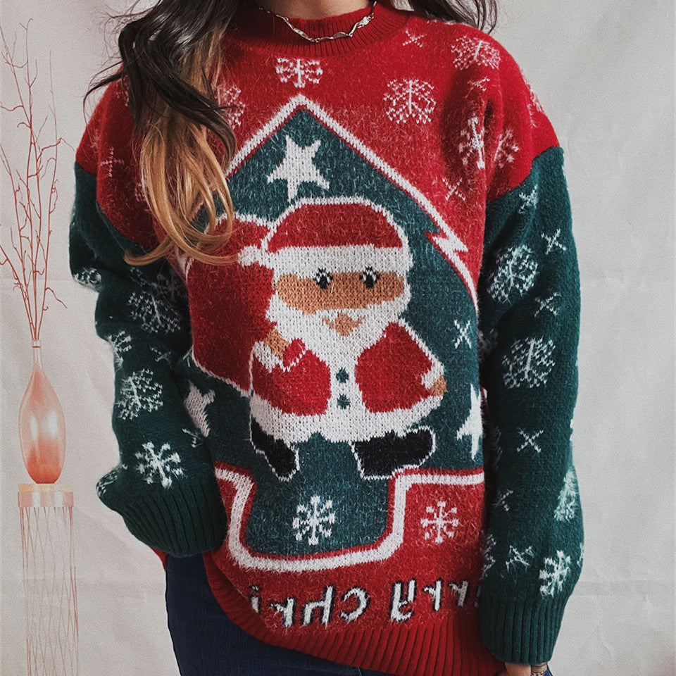 New Year Sweater Santa Snowflake Color Contrast Patchwork Round Neck Long Sleeve Knitted Pullover