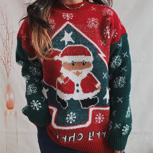 New Year Sweater Santa Snowflake Color Contrast Patchwork Round Neck Long Sleeve Knitted Pullover