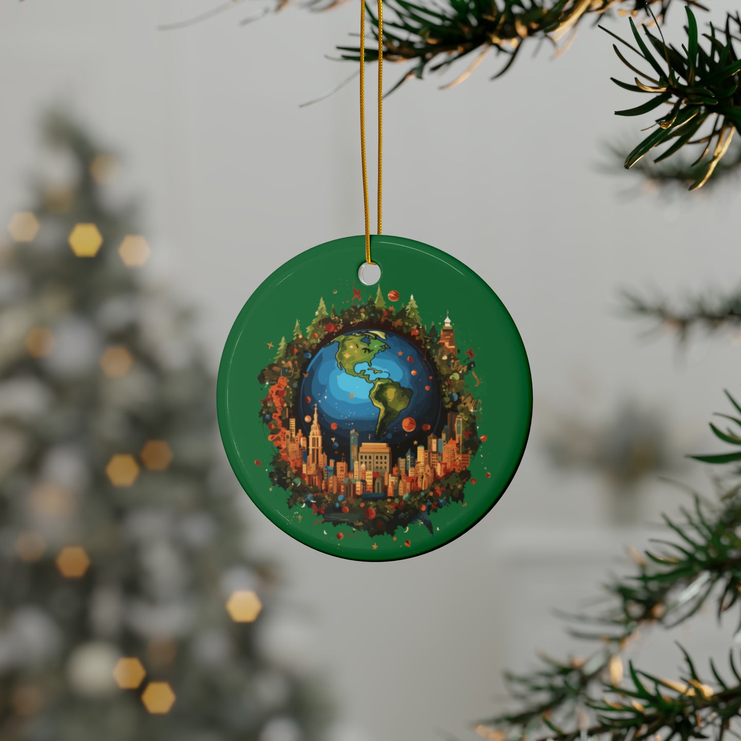 Earth in Christmas decorations and a big Christmas tree, dark green Ceramic Ornaments (1pc, 3pcs, 5pcs, 10pcs)