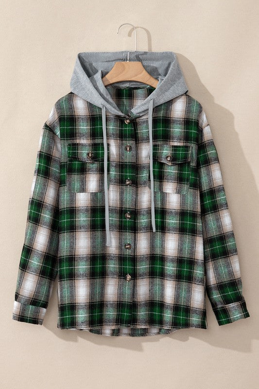 Women Plaid Print Chest Hooded Shacket Jackets