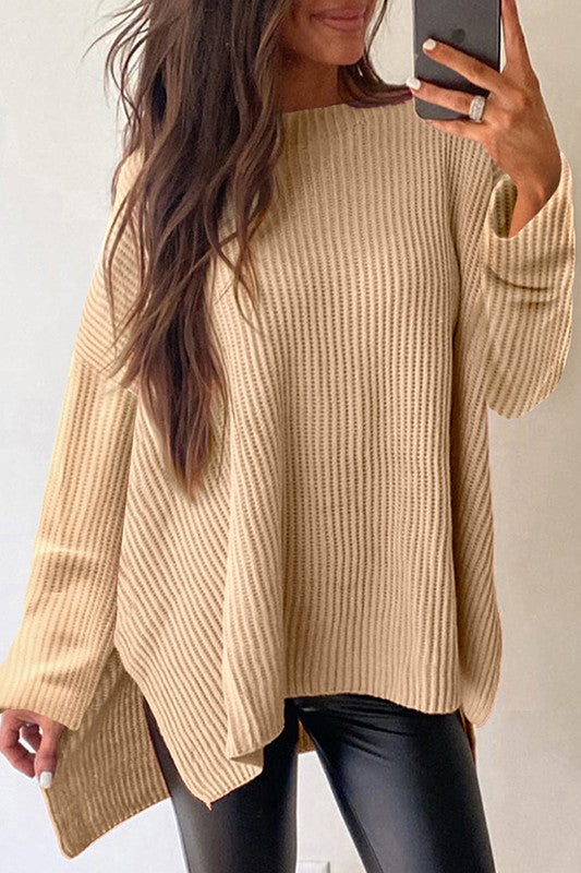 Women Knit Drop Shoulder Side Slits Loose Sweater