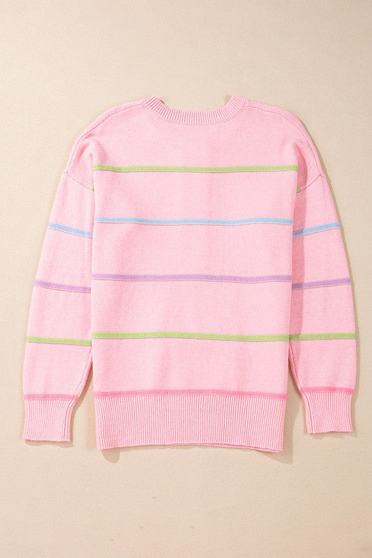 Women Stripes Drop Shoulder Baggy Henley Sweater