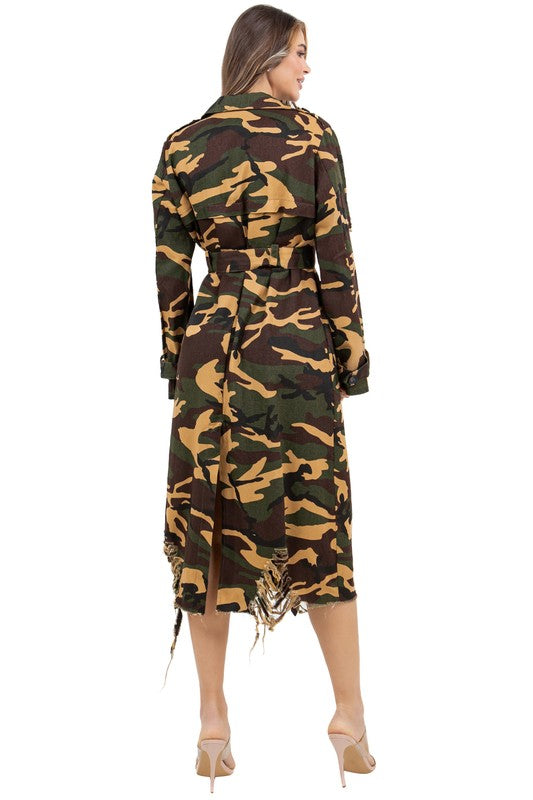 WOMEN FASHION CAMOFLAGE LONG TRENCH COAT