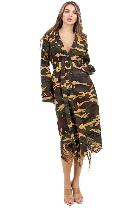 WOMEN FASHION CAMOFLAGE LONG TRENCH COAT