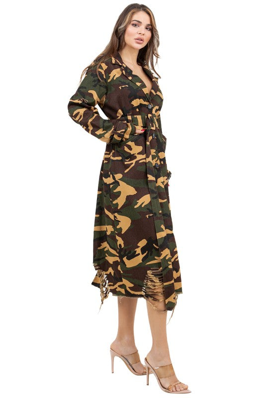 WOMEN FASHION CAMOFLAGE LONG TRENCH COAT