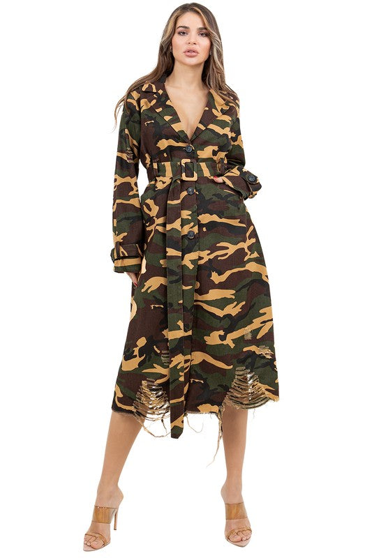 WOMEN FASHION CAMOFLAGE LONG TRENCH COAT