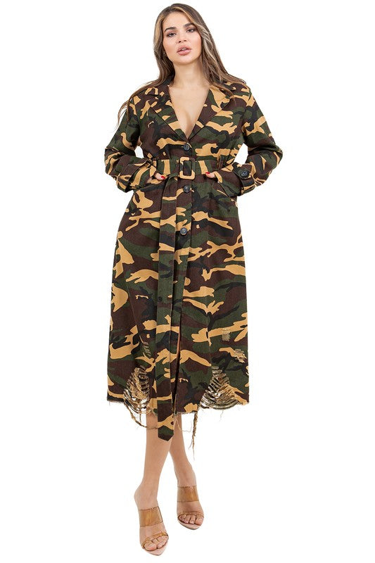 WOMEN FASHION CAMOFLAGE LONG TRENCH COAT