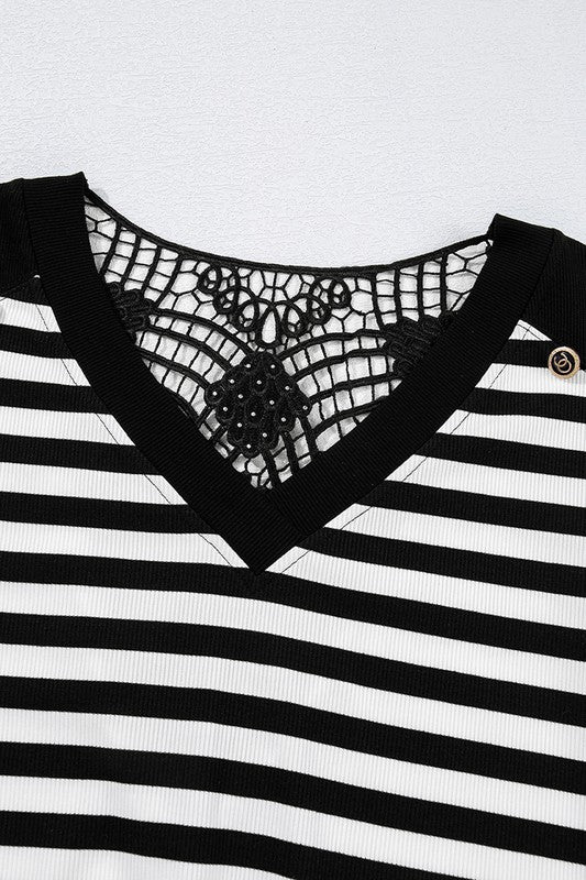 Women Stripe Crochet Back Buttoned V Neck Shirt