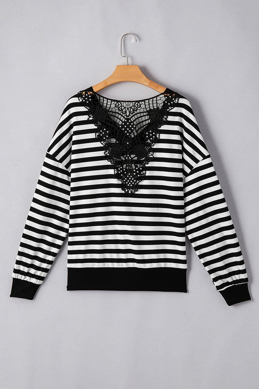 Women Stripe Crochet Back Buttoned V Neck Shirt