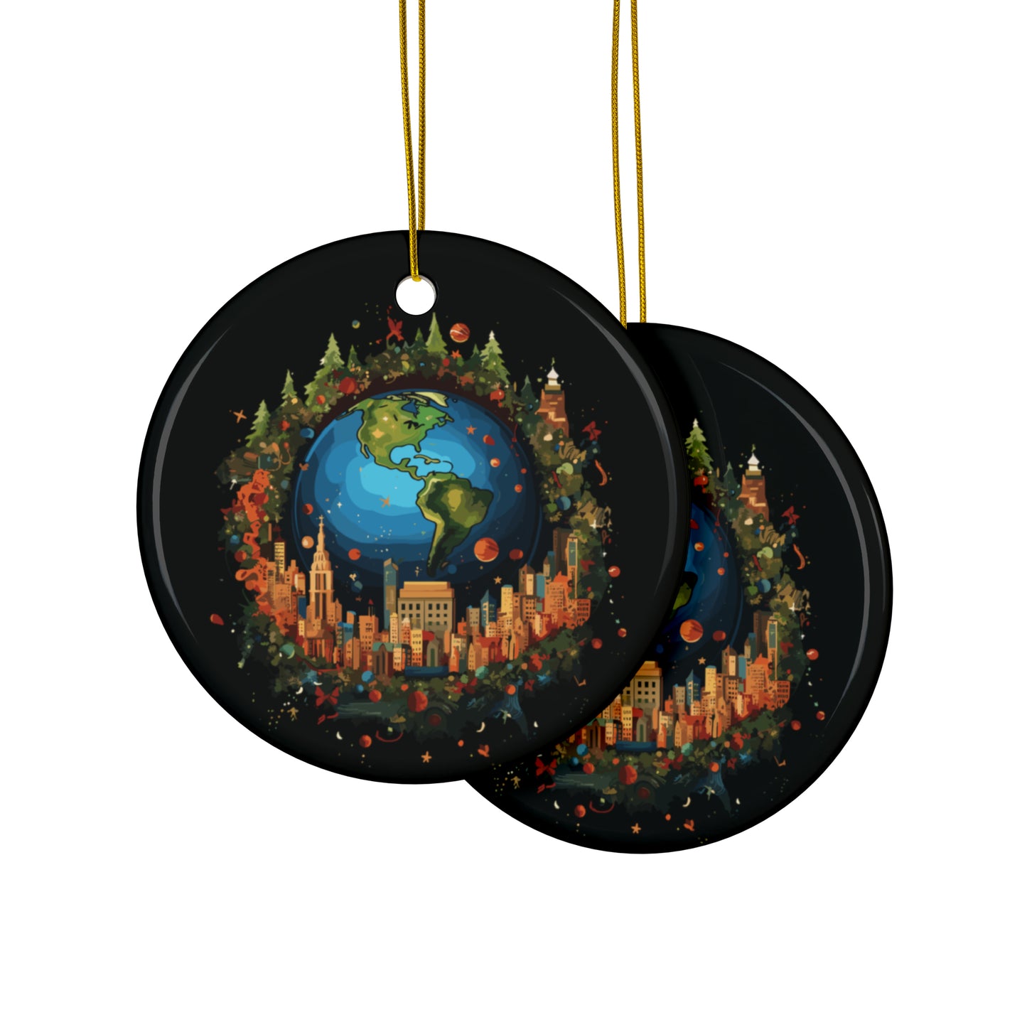 Earth in Christmas decorations and a big Christmas tree, Black Ceramic Ornaments (1pc, 3pcs, 5pcs, 10pcs)