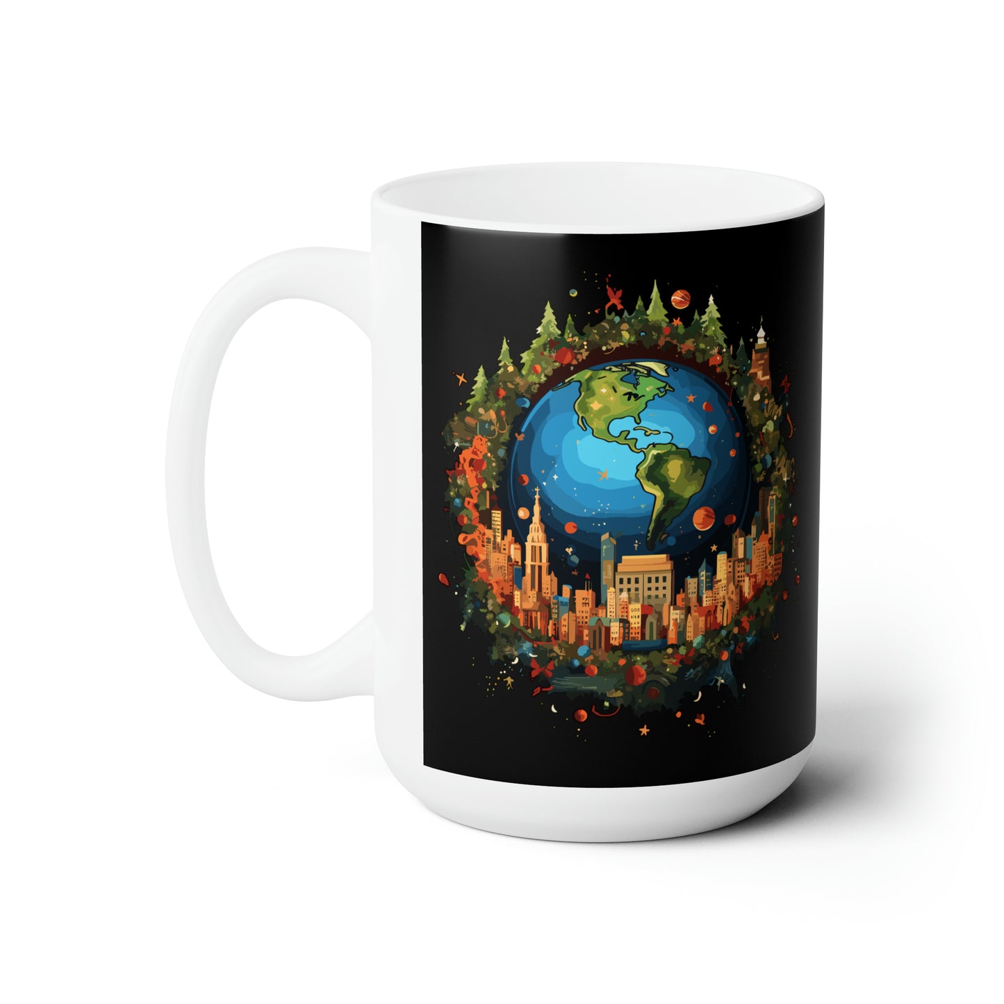 Earth in Christmas decorations and a big Christmas tree, Black Ceramic Mug 15oz