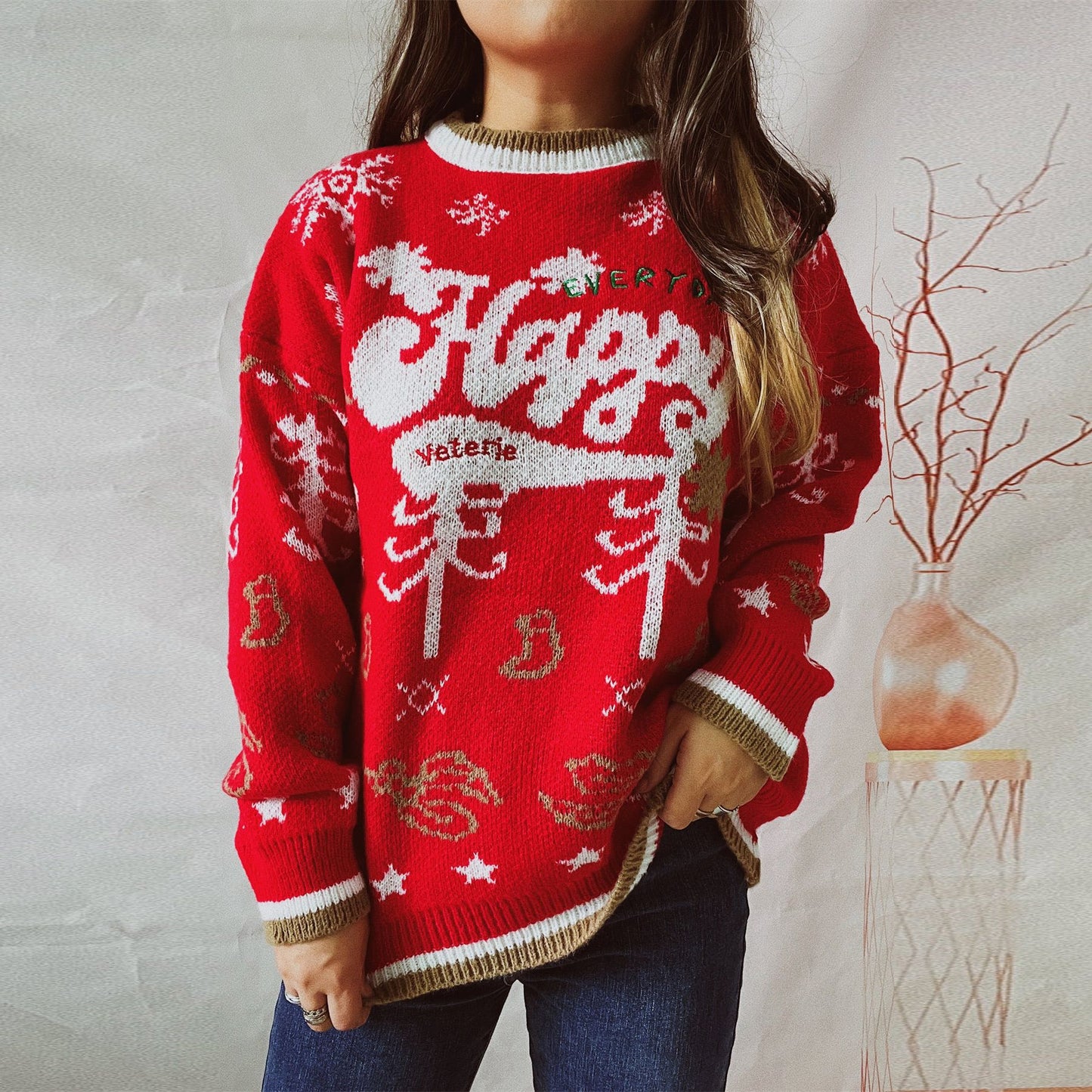 Women's Fashionable Round Neck Long Sleeve Contrast Color Letter Christmas Sweater