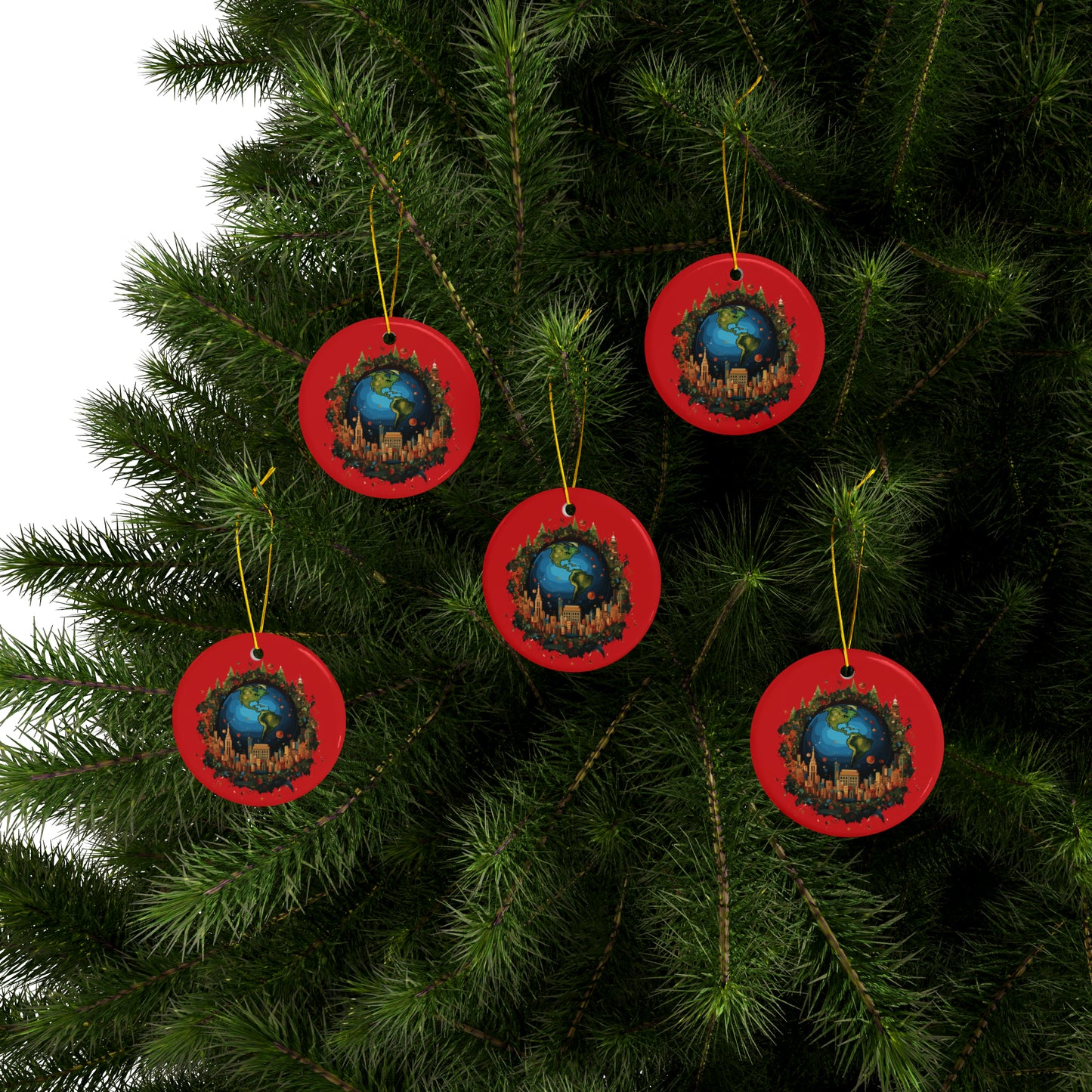 Earth in Christmas decorations and a big Christmas tree, red Ceramic Ornaments (1pc, 3pcs, 5pcs, 10pcs)